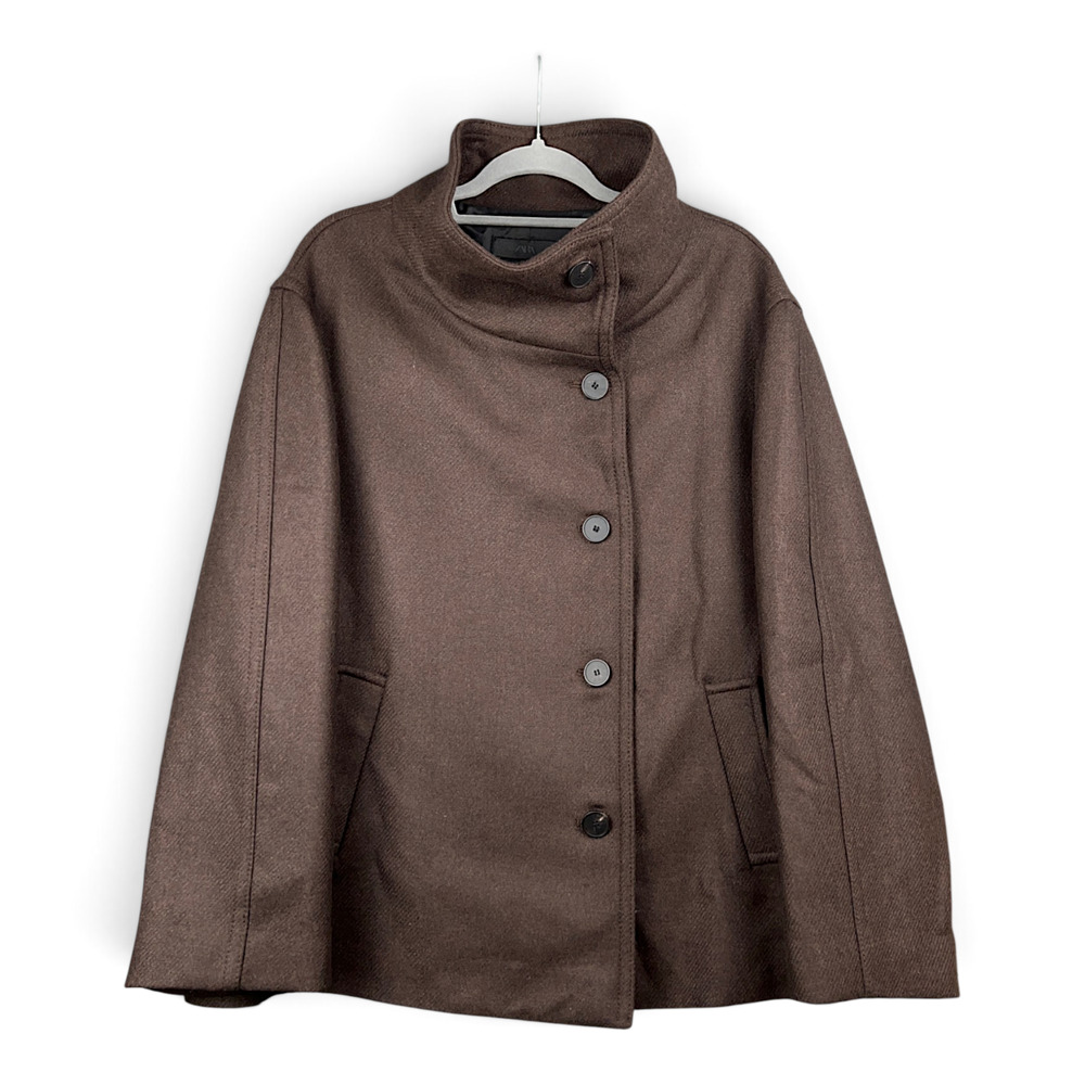 ZARA Brown Wool Blend High Neck Short Coat XL NWT